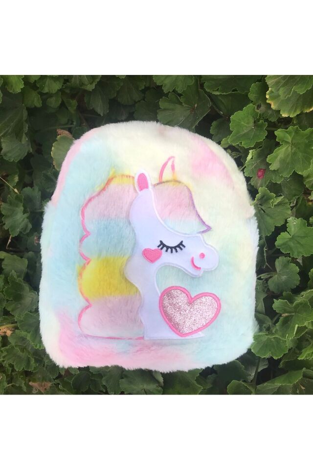 Unicorn Desenli Peluş Sırt Çantası