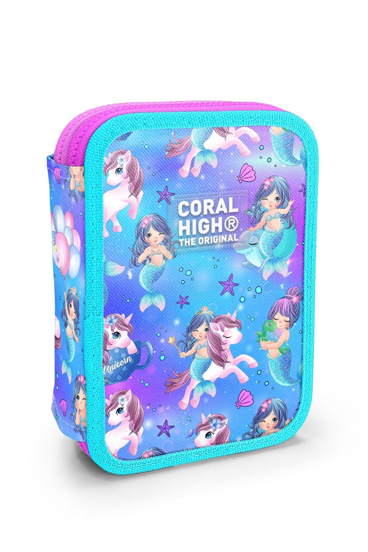 Kids Mor Pembe Unicorn Deniz Kızı Desenli Çift Katlı Kalem Çanta 11138 Mavi Lila