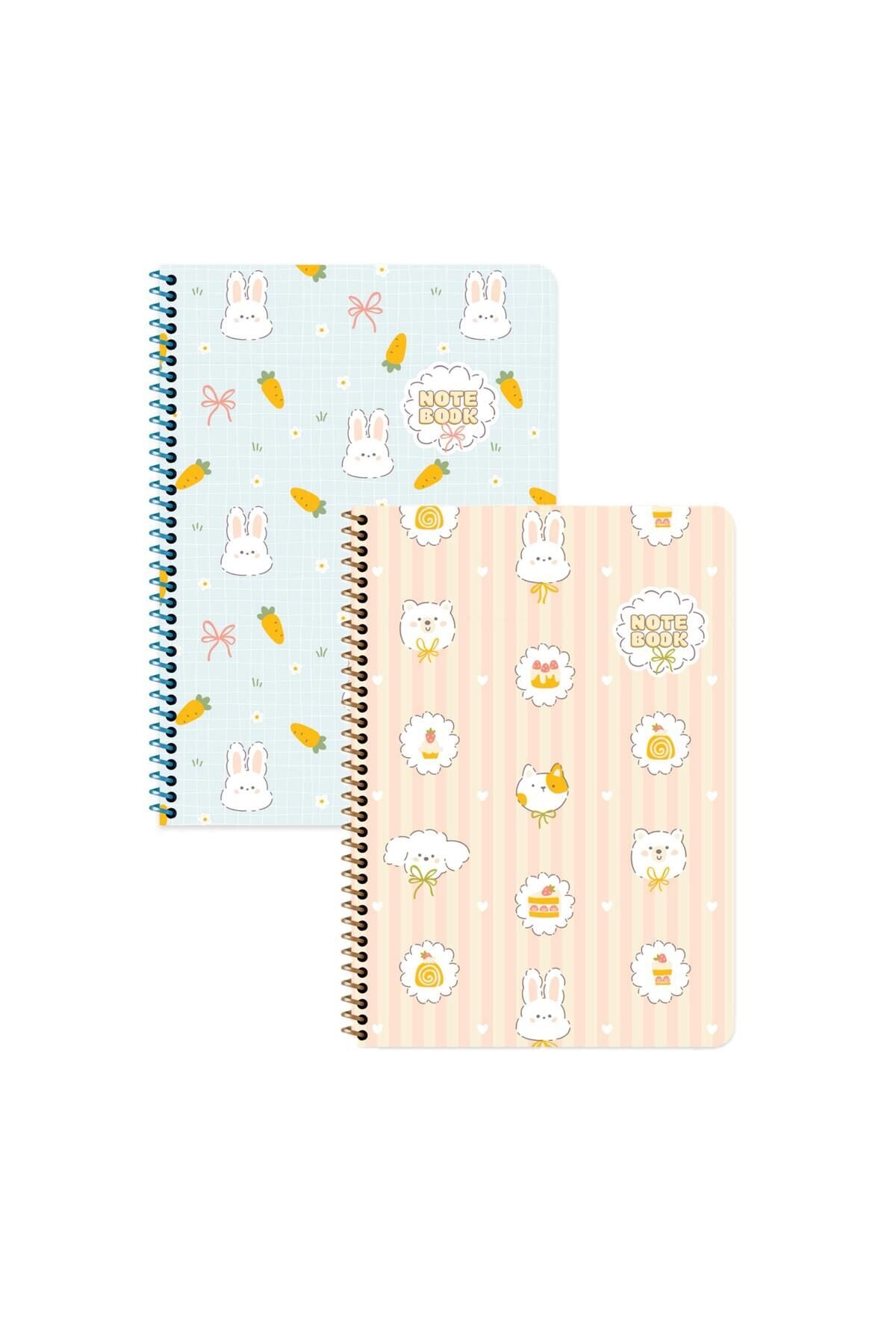 Keskin Color Kawaii Çizgili Stickerli Defter Seti 3 Adet | 16,5 x 22,5 cm | Spiralli – 80 Yaprak Mavi - Sarı