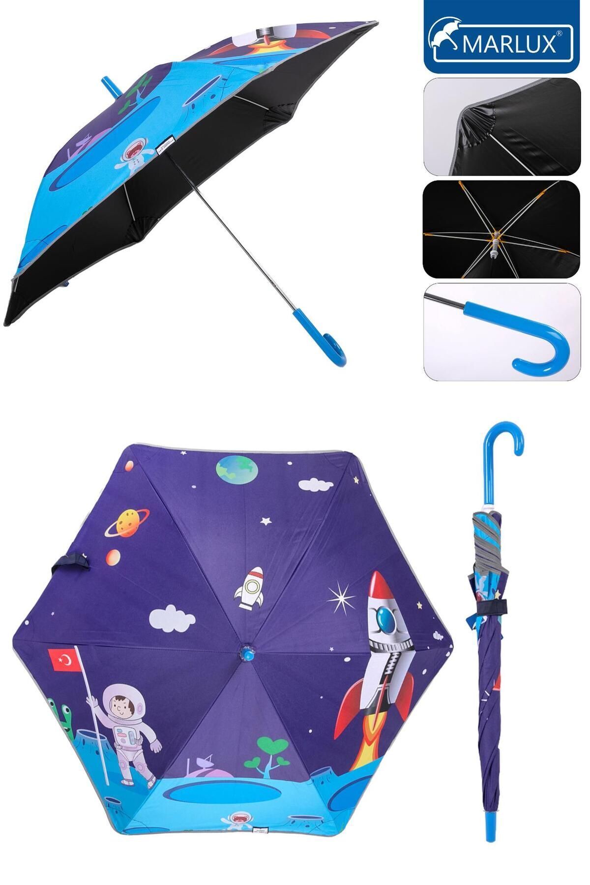 Fiber 6 Telli Dayanıklı Özel Tasarım Çocuk Şemsiyesi Türk Bayraklı Astronot Uzay Desenli Mar1 Lacivert