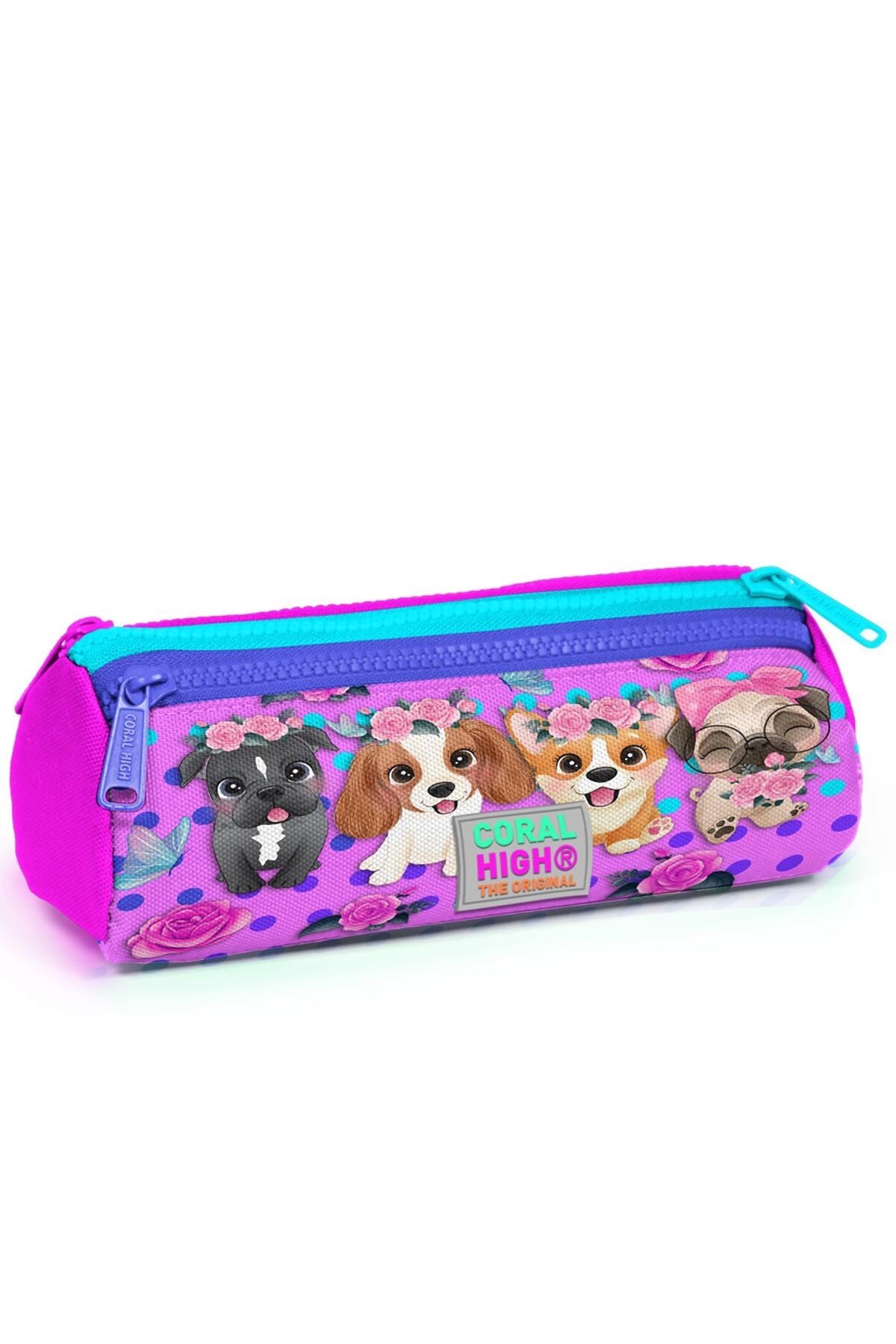 Üç Bölmeli Kalem Kutusu Desenli Kız Çocuk Pembe Köpek Desenli