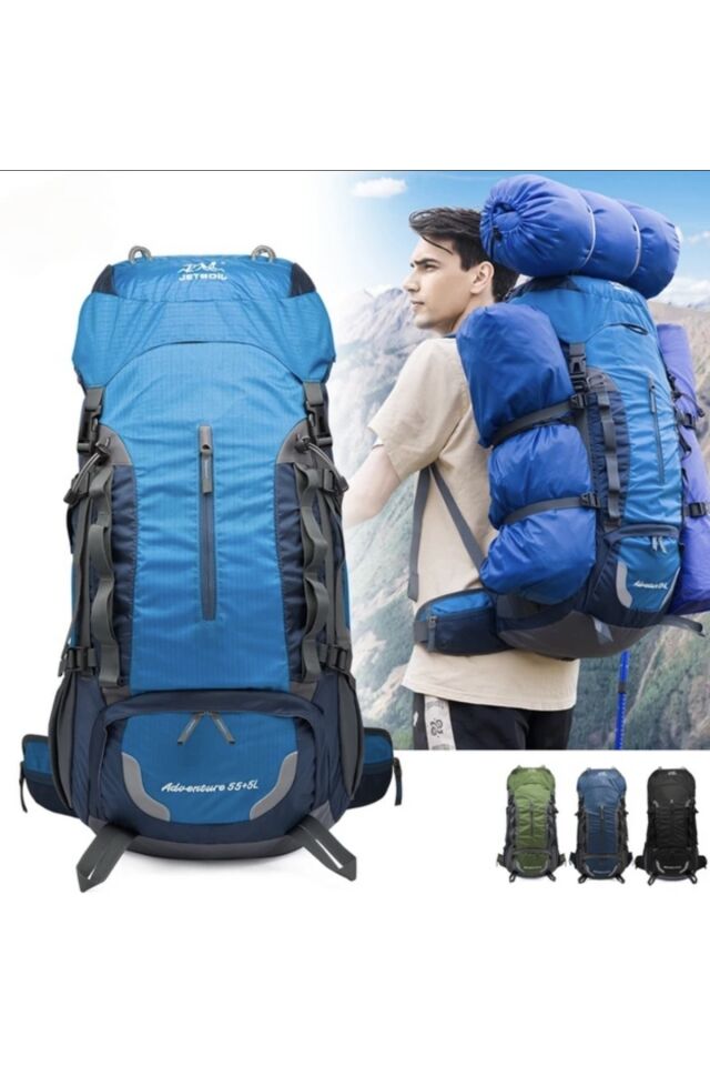 JETBOIL 60L Büyük Kapasiteli Seyahat Dağcılık Çantası,Su Geçirmez Yürüyüş Kamp Sırt Çantası Mavi̇