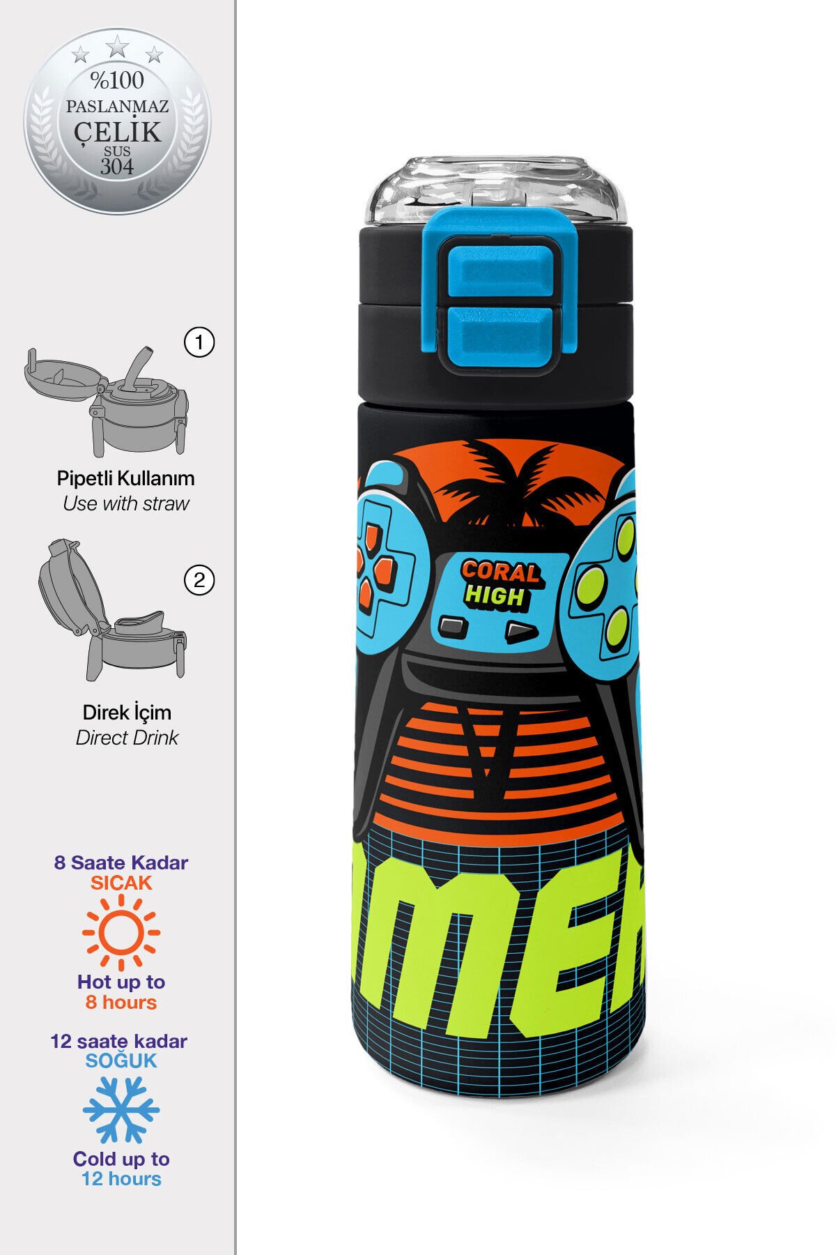 Kids Gri Turuncu Gamer Desenli Pipetli ve Direkt İçim Çelik Termos 500 ml 31947 Turuncu Gamer
