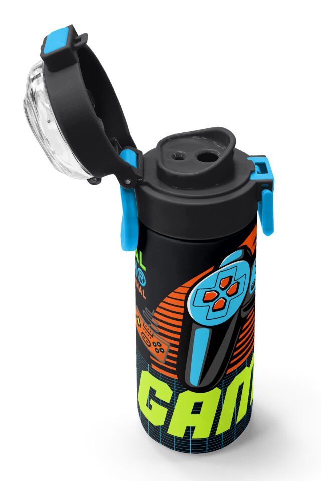 Kids Gri Turuncu Gamer Desenli Pipetli ve Direkt İçim Çelik Termos 500 ml 31947 Turuncu Gamer