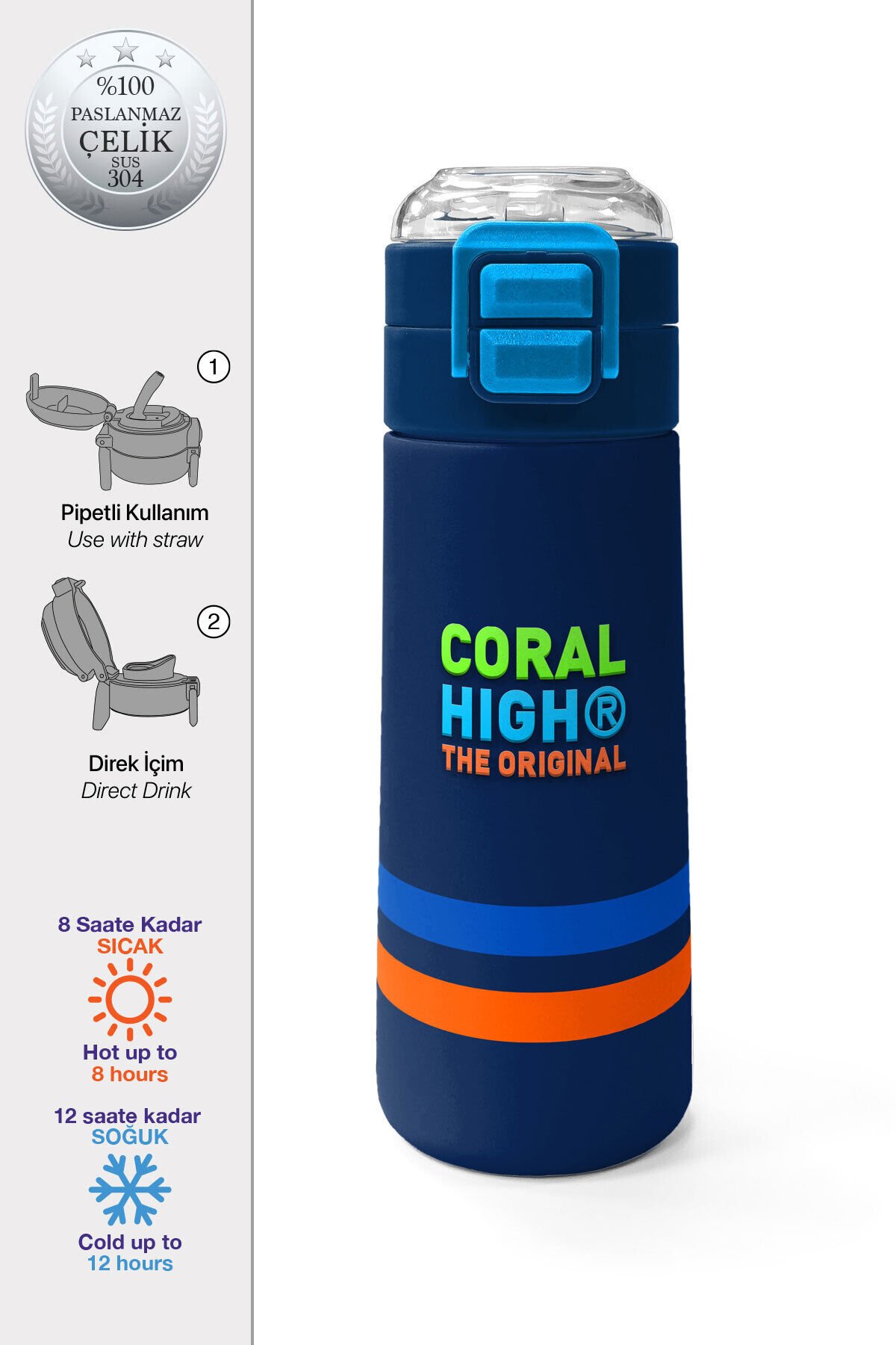 Kids Gri Turuncu Gamer Desenli Pipetli ve Direkt İçim Çelik Termos 500 ml 31947 Lacivert Turuncu Çizgi