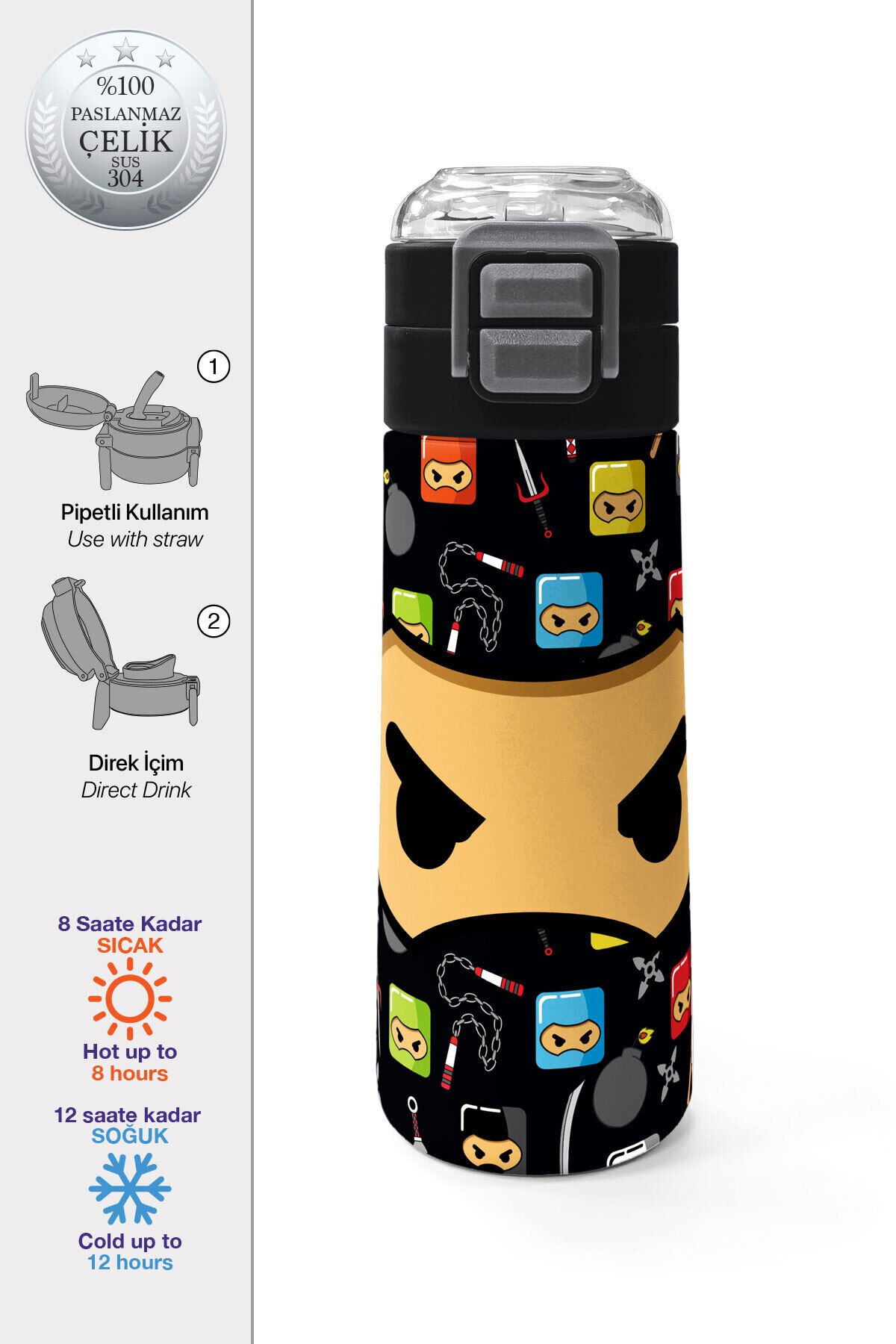Kids Gri Turuncu Gamer Desenli Pipetli ve Direkt İçim Çelik Termos 500 ml 31947 Siyah Ninja
