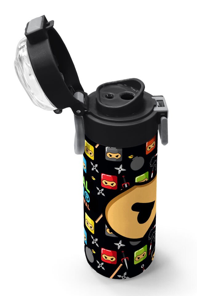 Kids Gri Turuncu Gamer Desenli Pipetli ve Direkt İçim Çelik Termos 500 ml 31947 Siyah Ninja