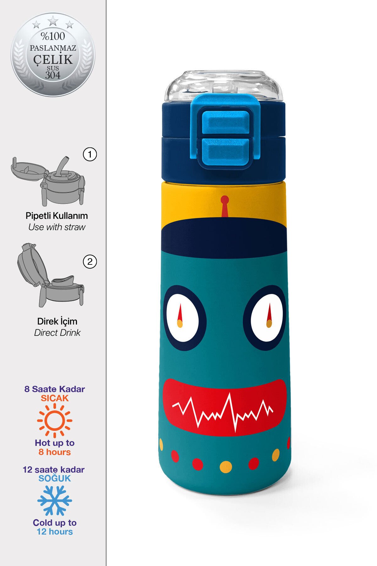 Kids Gri Turuncu Gamer Desenli Pipetli ve Direkt İçim Çelik Termos 500 ml 31947 Lacivert Yeşil