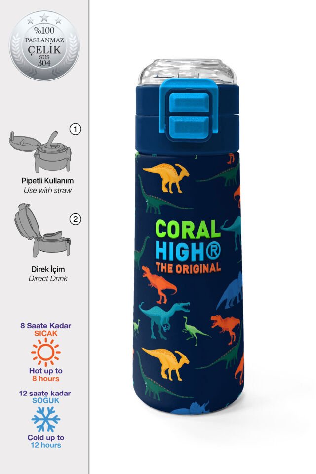 Kids Gri Turuncu Gamer Desenli Pipetli ve Direkt İçim Çelik Termos 500 ml 31947 Lacivert Dinozor