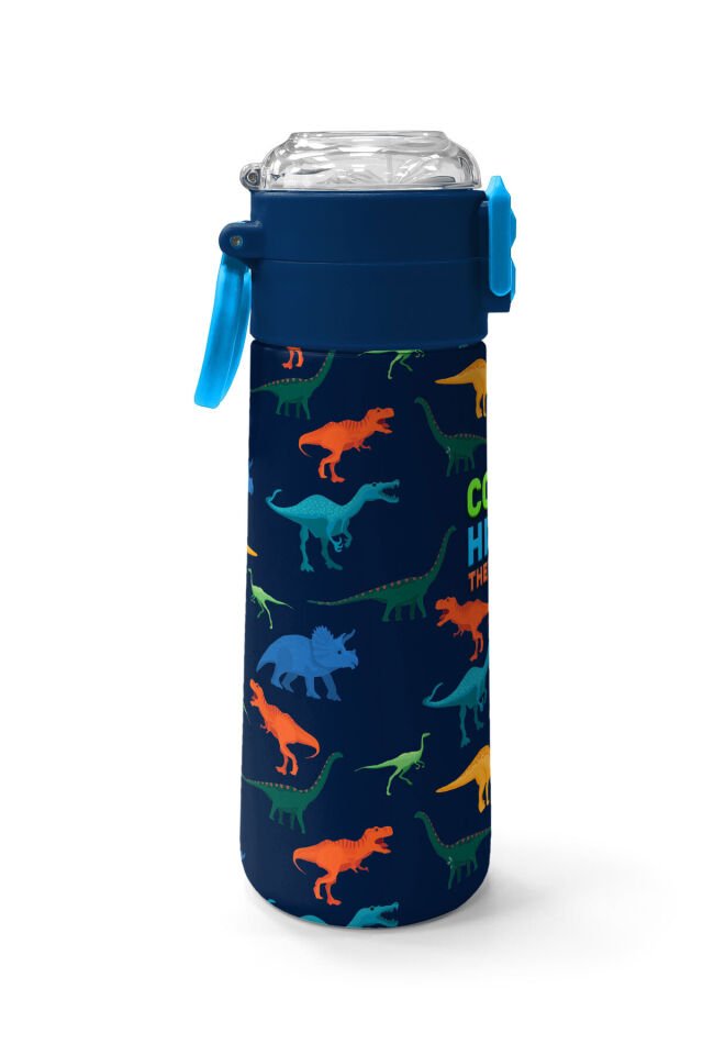 Kids Gri Turuncu Gamer Desenli Pipetli ve Direkt İçim Çelik Termos 500 ml 31947 Lacivert Dinozor
