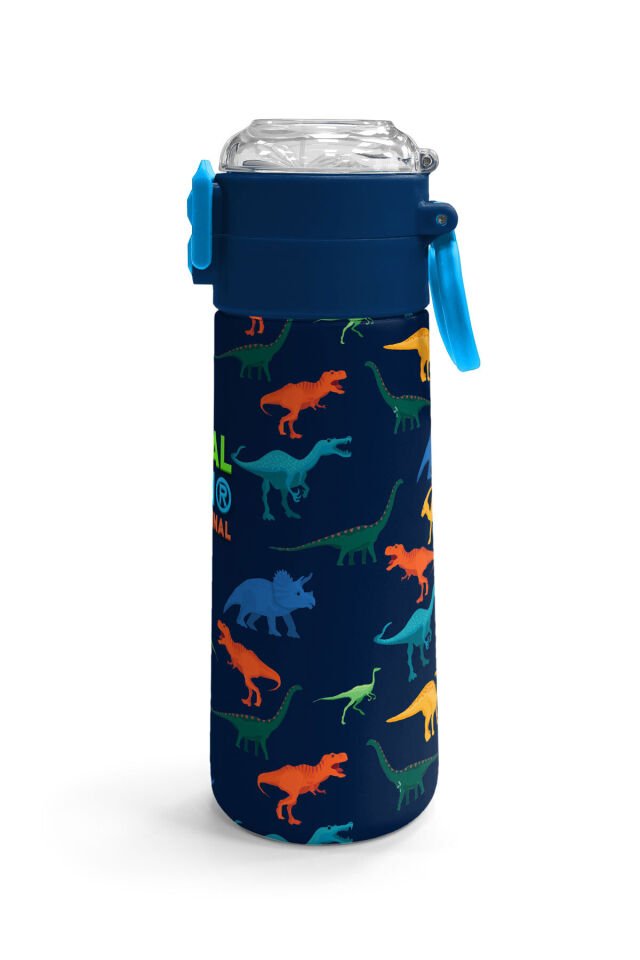 Kids Gri Turuncu Gamer Desenli Pipetli ve Direkt İçim Çelik Termos 500 ml 31947 Lacivert Dinozor
