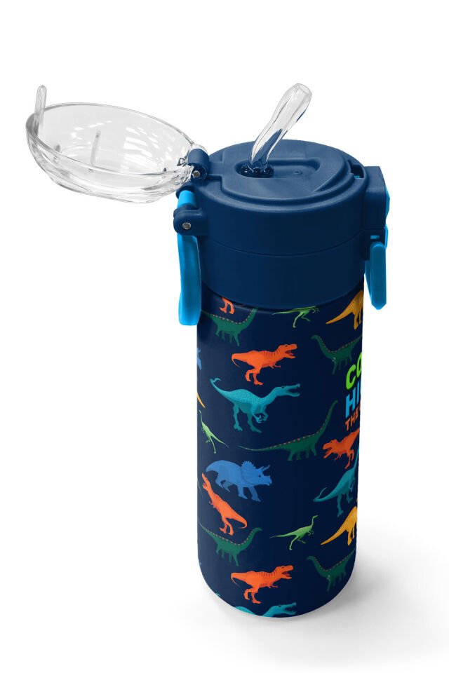 Kids Gri Turuncu Gamer Desenli Pipetli ve Direkt İçim Çelik Termos 500 ml 31947 Lacivert Dinozor