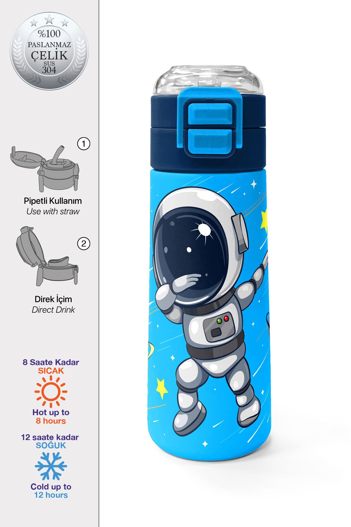 Kids Gri Turuncu Gamer Desenli Pipetli ve Direkt İçim Çelik Termos 500 ml 31947 Lacivert Mavi