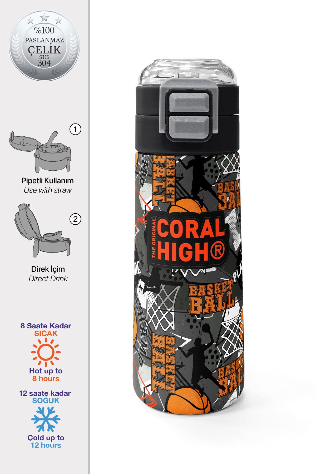 Kids Siyah Gri Basketbol Desenli Pipetli ve Direkt İçim Çelik Termos 500 ml 31975 Basketbol Karşık