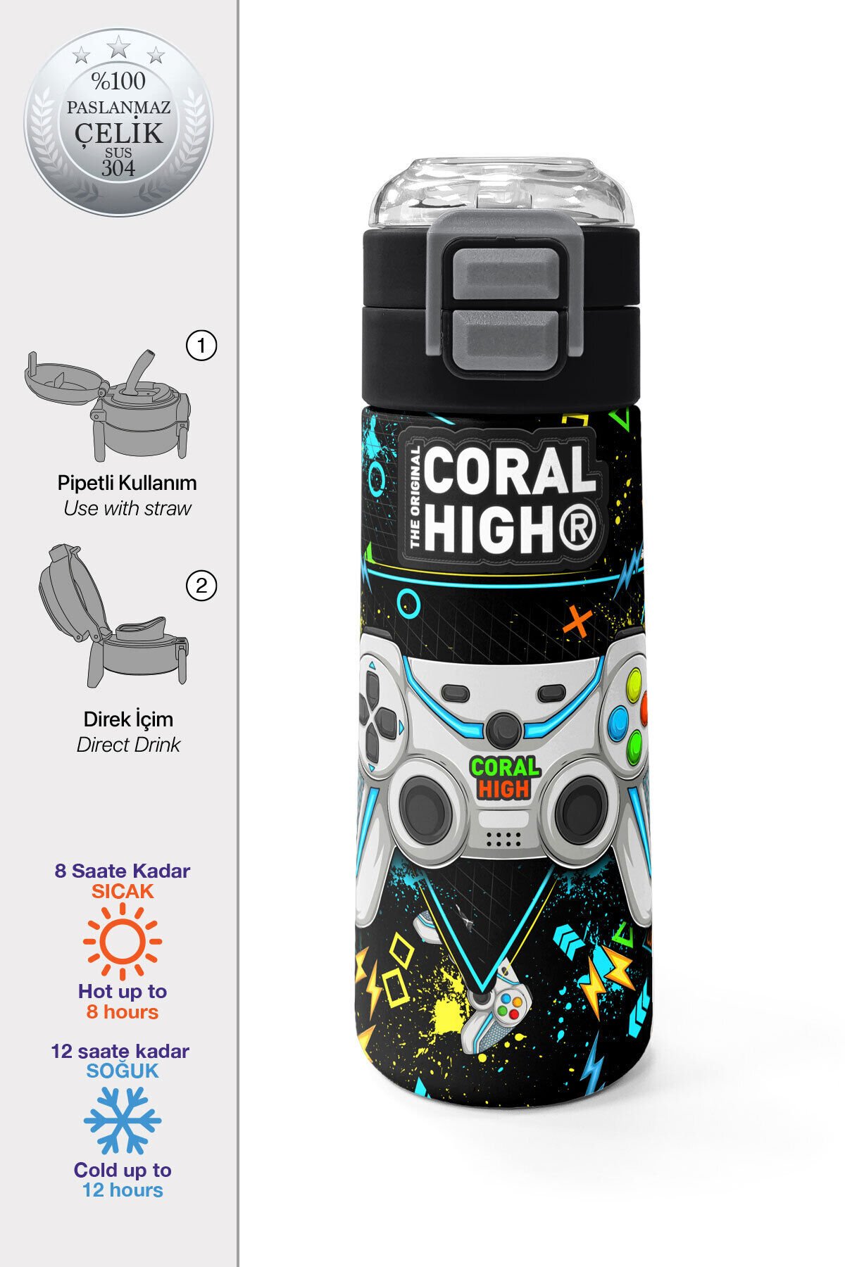 Kids Siyah Gri Basketbol Desenli Pipetli ve Direkt İçim Çelik Termos 500 ml 31975 Siyah Fosforlu Yeşil