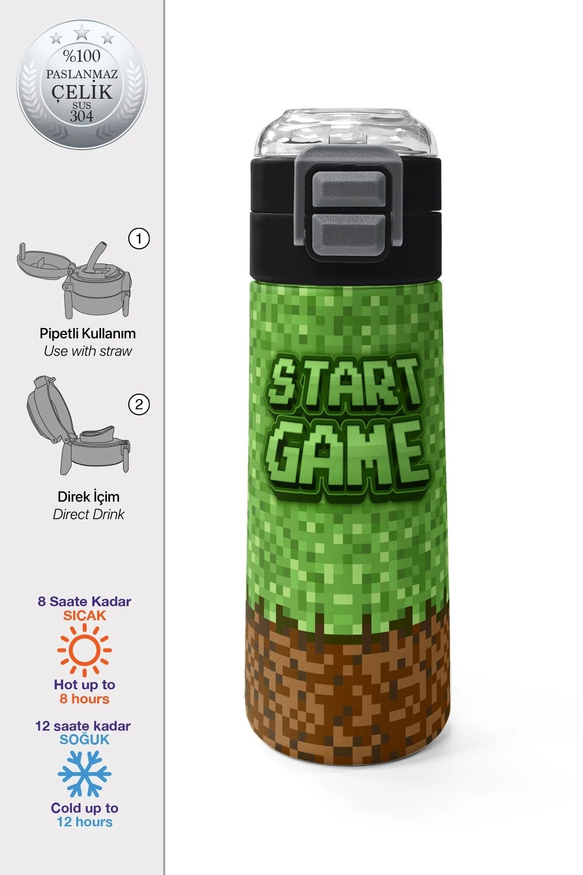 Kids Lacivert Turuncu Çizgili Pipetli ve Direkt İçim Çelik Termos 500 ml 31998 Yeşil Craft