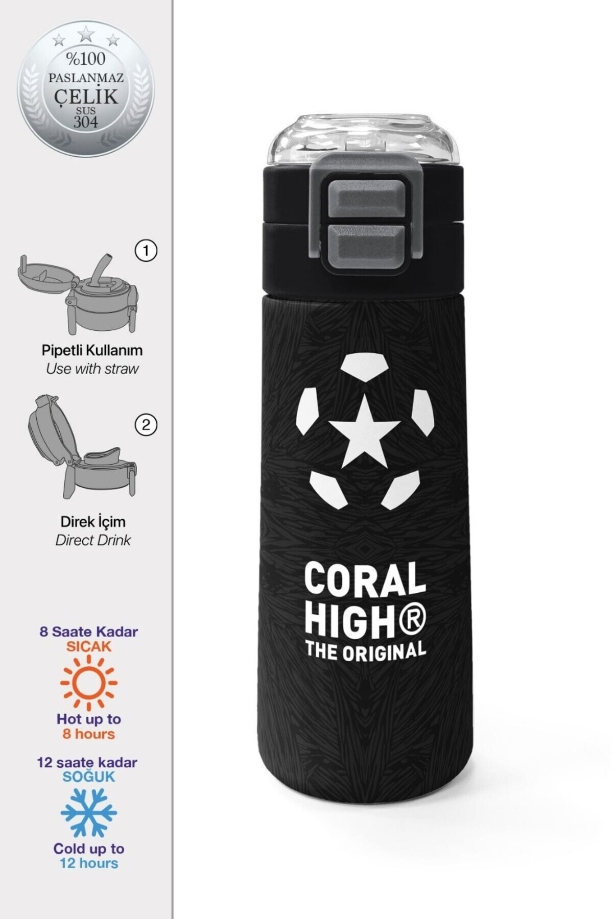 Kids Lacivert Turuncu Çizgili Pipetli ve Direkt İçim Çelik Termos 500 ml 31998 Siyah Futbol