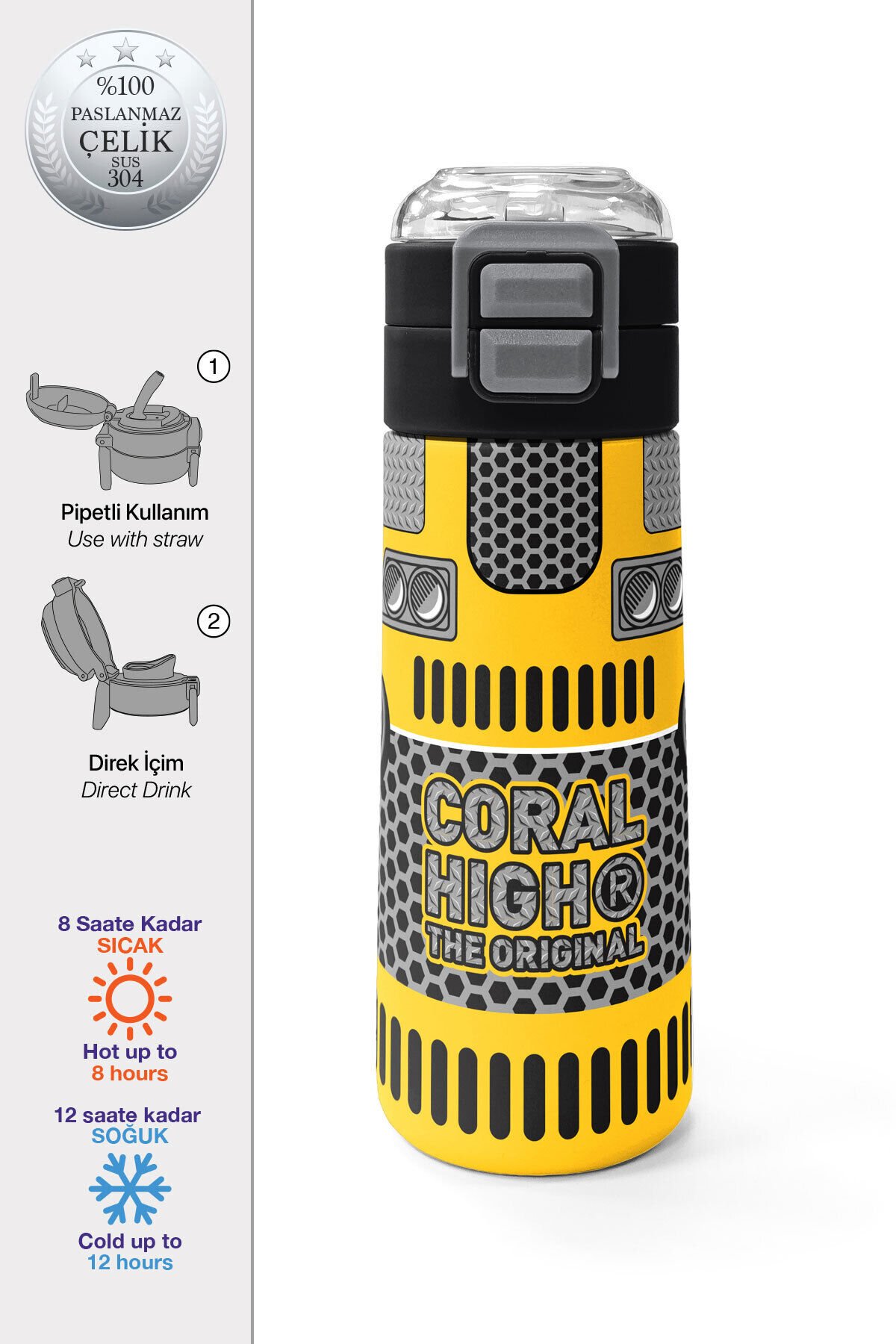 Kids Lacivert Turuncu Çizgili Pipetli ve Direkt İçim Çelik Termos 500 ml 31998 Sarı Siyah