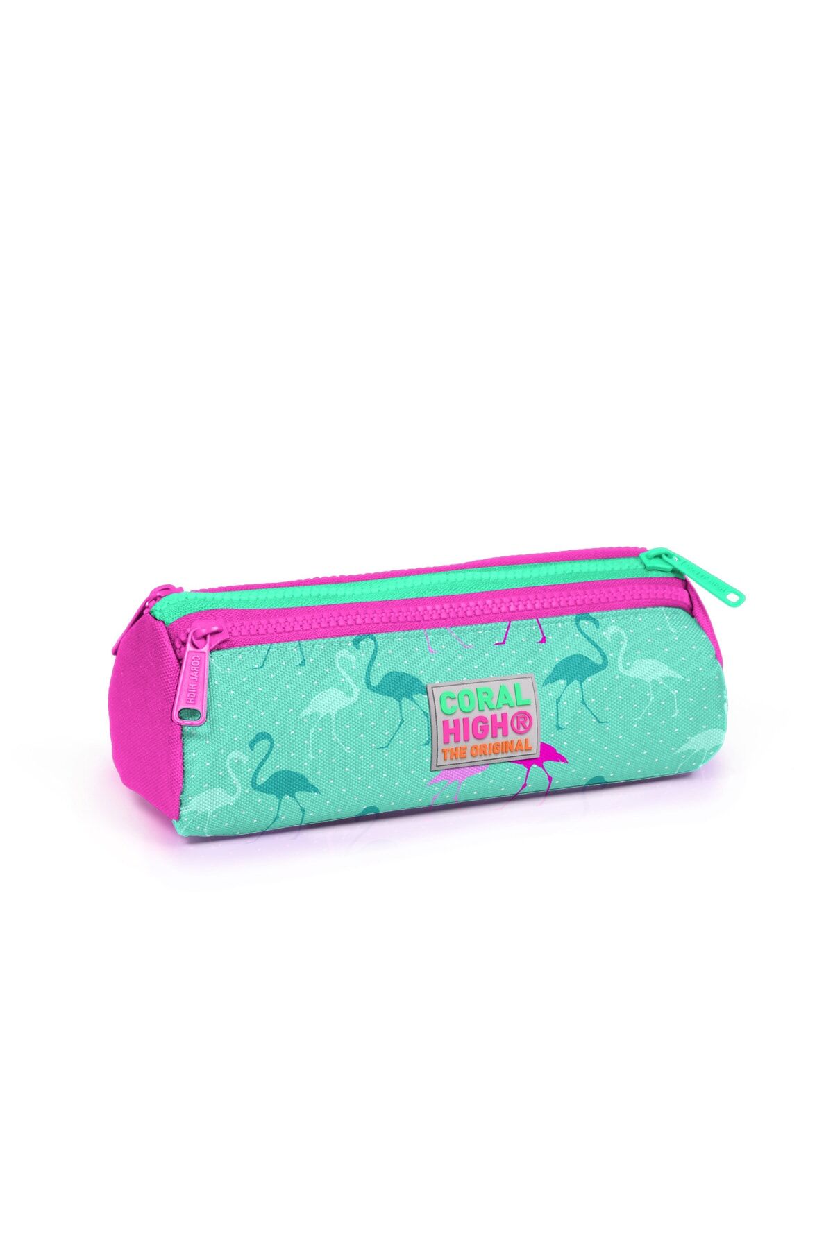 Kids Su Yeşili Neon Pembe Flamingo Desenli Üç Bölmeli Kalem Çantası Su Yeşili Ve Neon Pembe