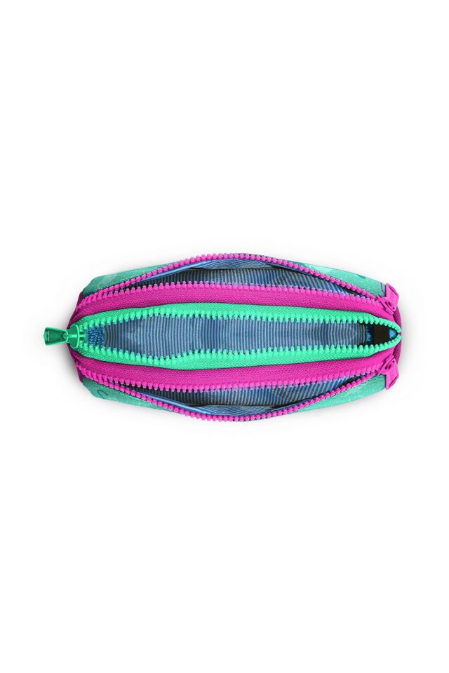 Kids Su Yeşili Neon Pembe Flamingo Desenli Üç Bölmeli Kalem Çantası Su Yeşili Ve Neon Pembe