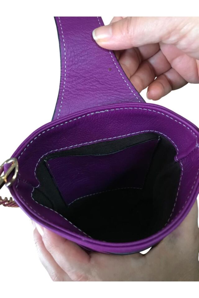Musoo Çapraz Çelik Askılı Kanguru Model Hakiki Deri Telefon Bölmeli Küçük Çanta Mor