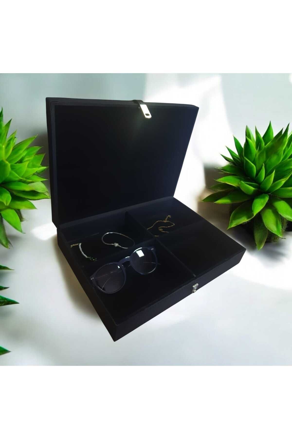 Dört Bölmeli Aksesuar Takı Ahşap Üzeri Deri Kaplamalı Kutu Siyah