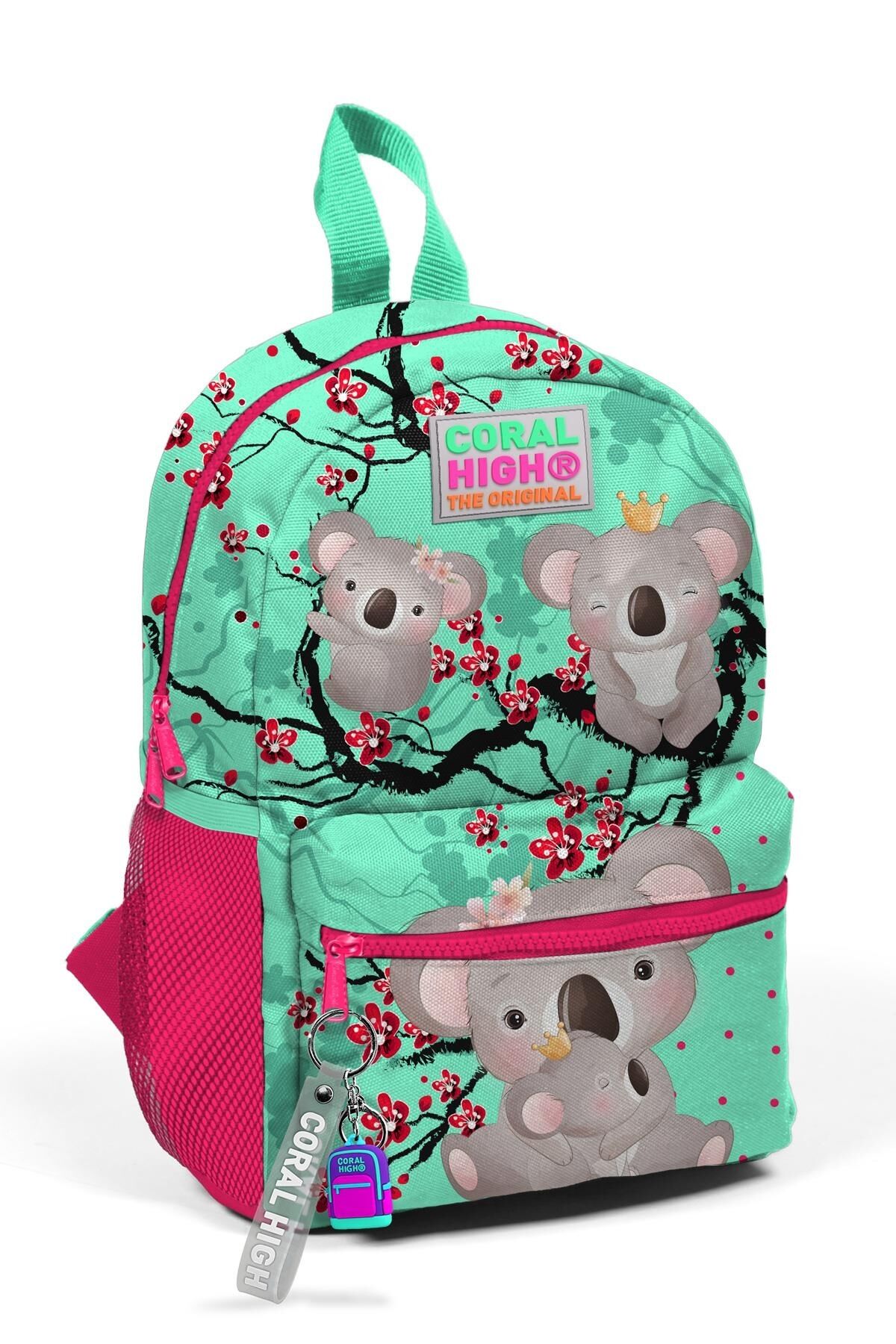 Minik Yuva Sırt Çantası Su Yeşili Neon Mercan Koala Desenli İki Bölmeli 23513