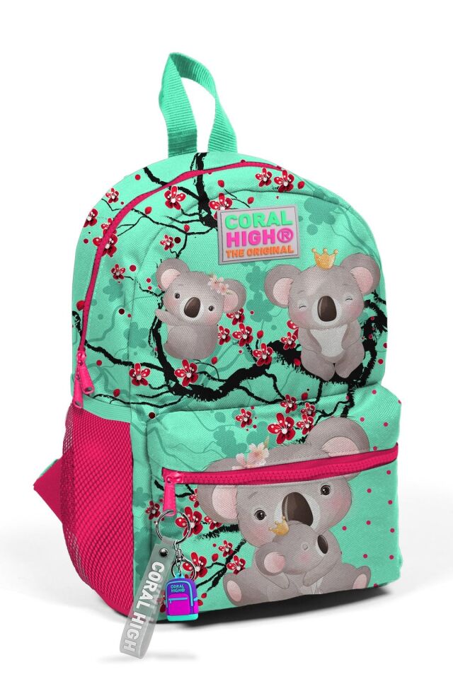 Minik Yuva Sırt Çantası Su Yeşili Neon Mercan Koala Desenli İki Bölmeli 23513