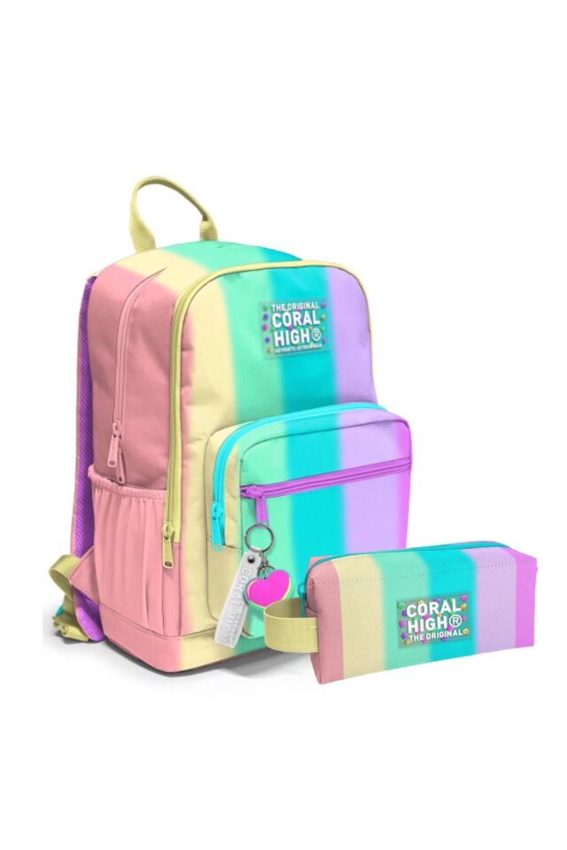 Renkli Çizgili Desenli Okul Sırt Çantası ve Kalemlik 23630