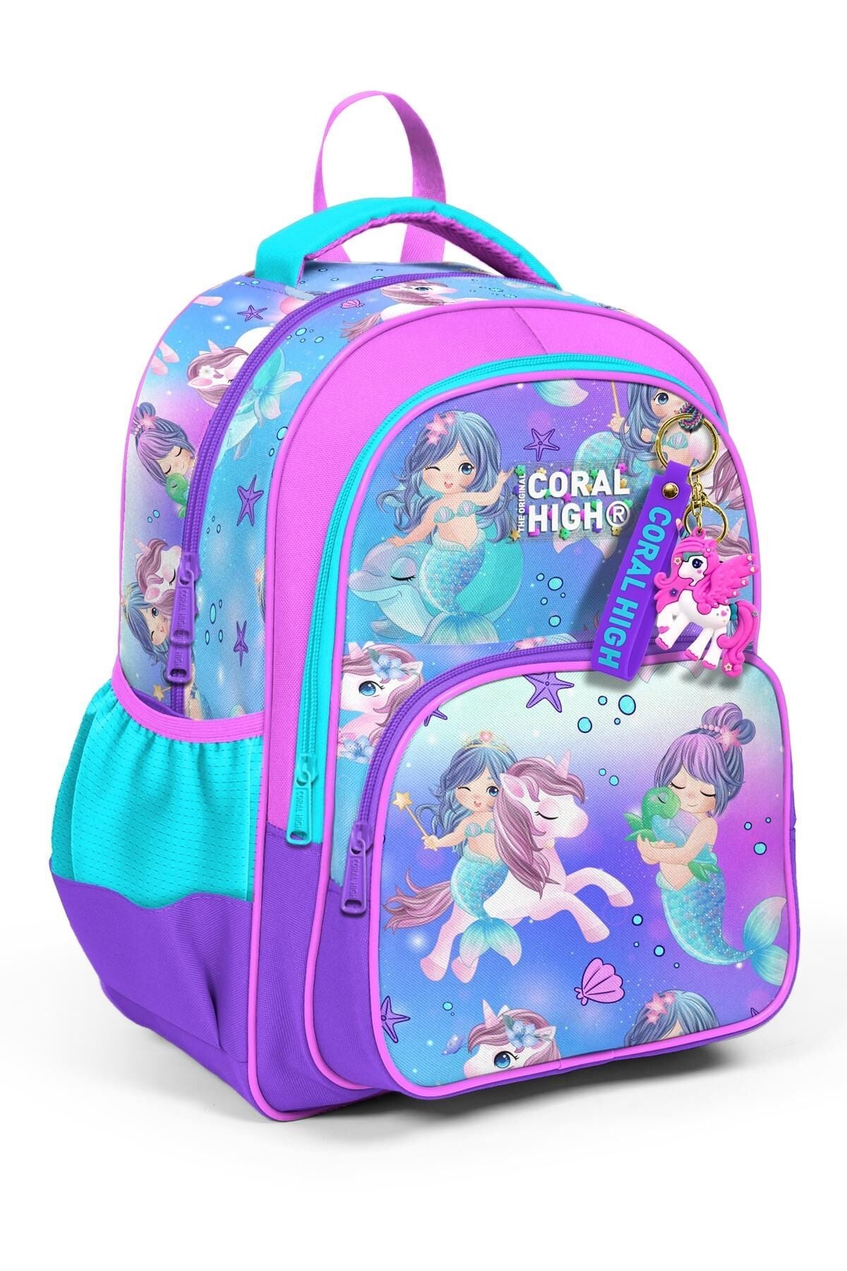 Kids Mor Pembe Unicorn Deniz Kızı Desenli Üç Bölmeli Okul Sırt Çantası 23657