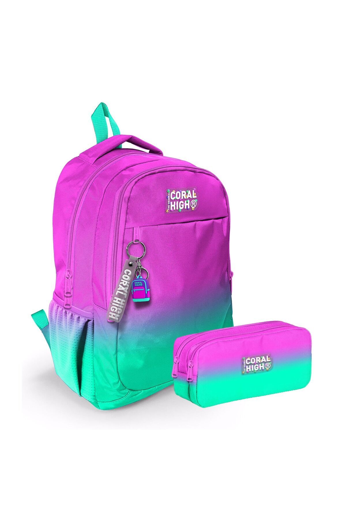 Kids Pembe Su Yeşili Renk Geçişli Üç Bölmeli Okul Sırt Çantası ve Kalemlik Seti