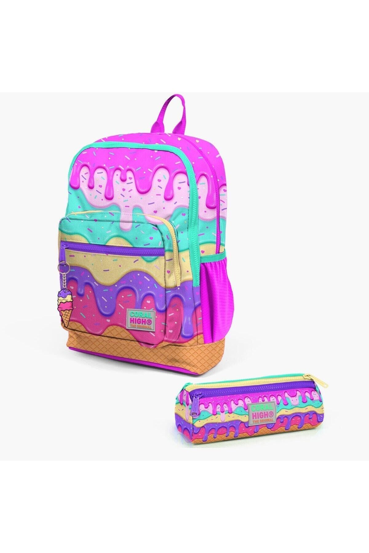 Kids Pembe Rengarenk Dondurma Desenli 2'li Okul Çanta Seti