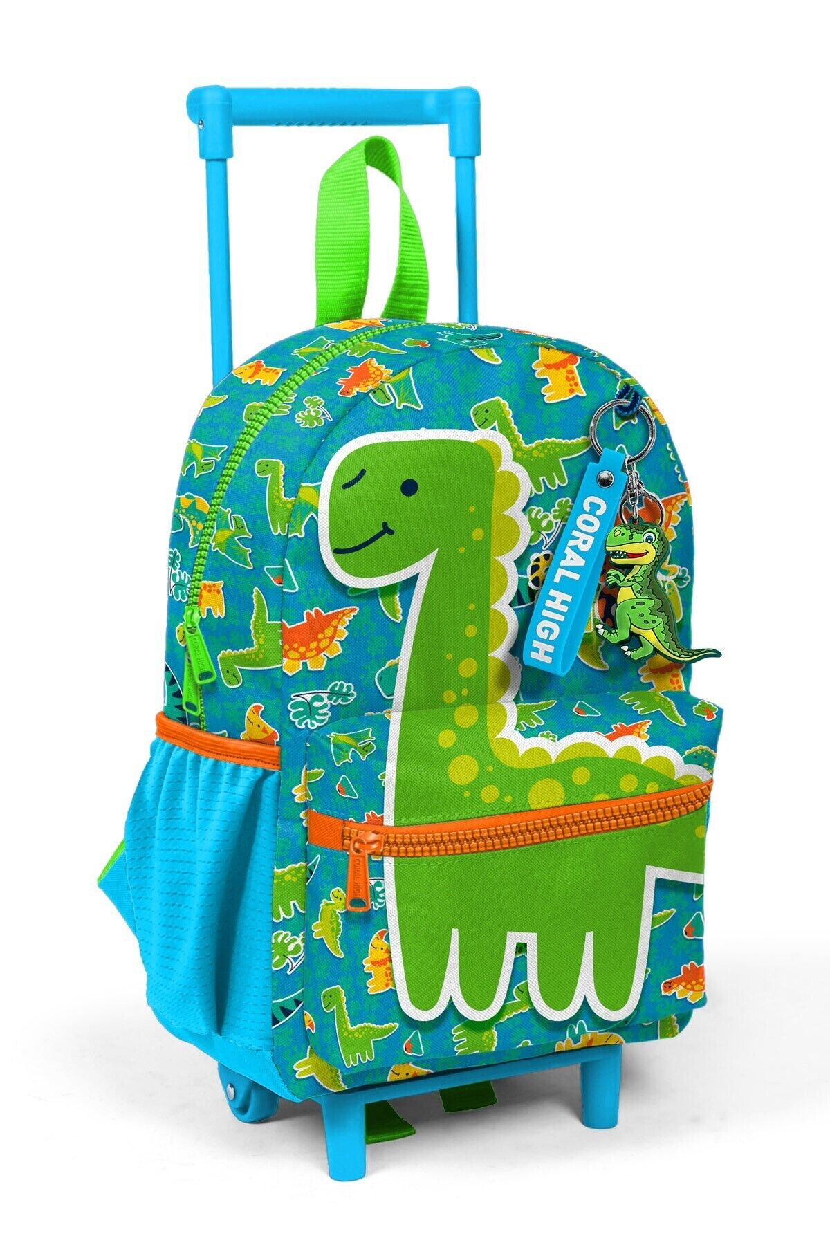 Minik Yuva Çekçekli Sırt Çantası Mavi Yeşil Dinozor Desenli İki Bölmeli 24070