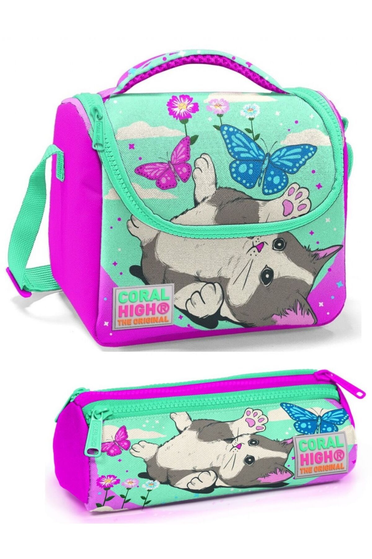 Kız Çocuk Su Yeşili Pembe Flamingo Beslenme Çantası Seti Yeşil Kedi