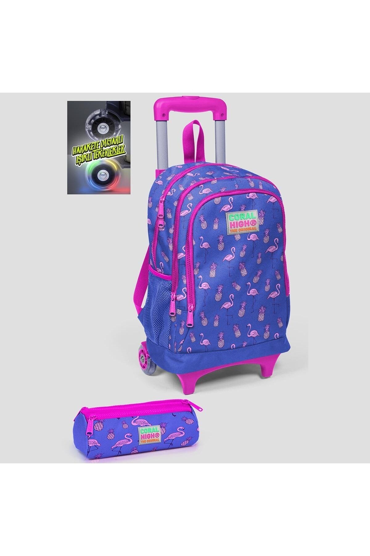Flamingo Üç Bölmeli Işıklı Tekerlekli Çekçekli Okul Sırt Çanta Ve Kalem Çantası 2'li Set