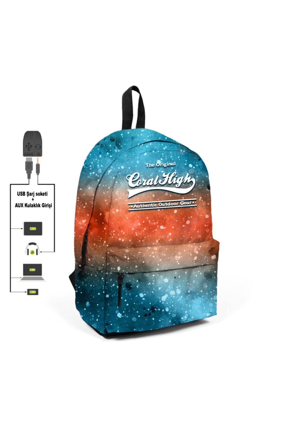 Adalinhome Galaksi Desenli Iki Bölmeli Usb Şarjlı Kulaklık Çıkışlı Sırt Çantası