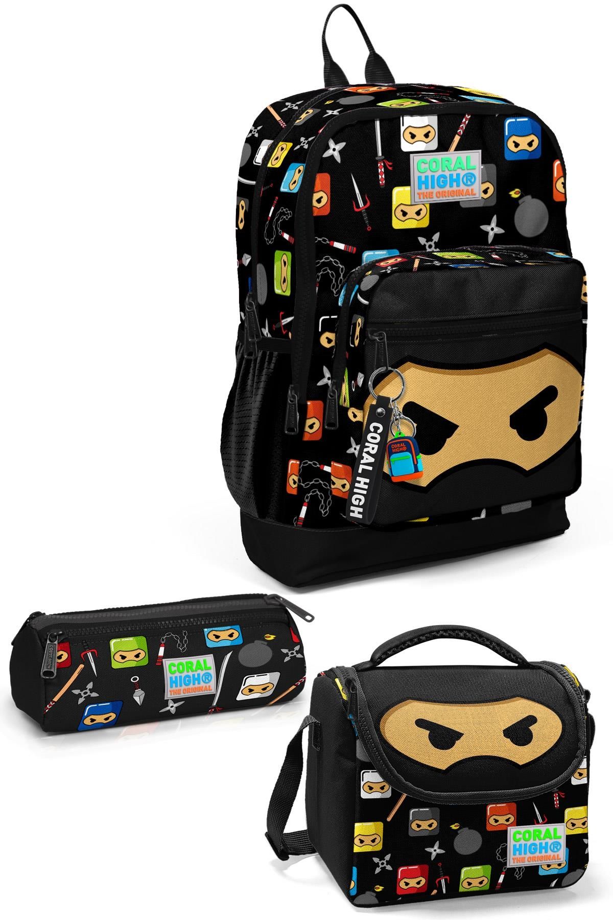 Coral High Kids Siyah Ninja Desenli Dört Bölmeli Çanta Seti 3''lü 23473
