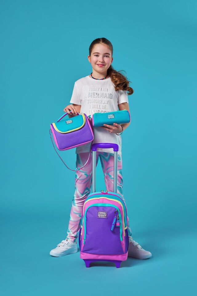 Kids Pembe Pastel Renkli Üç Bölmeli Çekçekli Okul Sırt Çantası