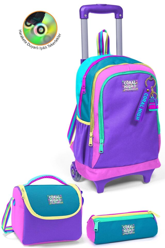 Kids Pembe Pastel Renkli Üç Bölmeli Çekçekli Okul Sırt Çantası