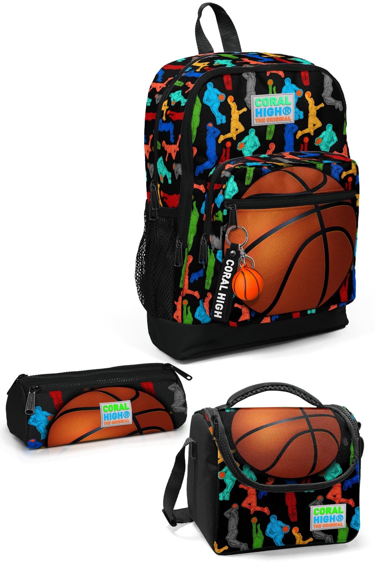 Coral High Kids Siyah Basketbol Desenli Dört Bölmeli Okul Sırt Çanta Seti 3''lü 23471