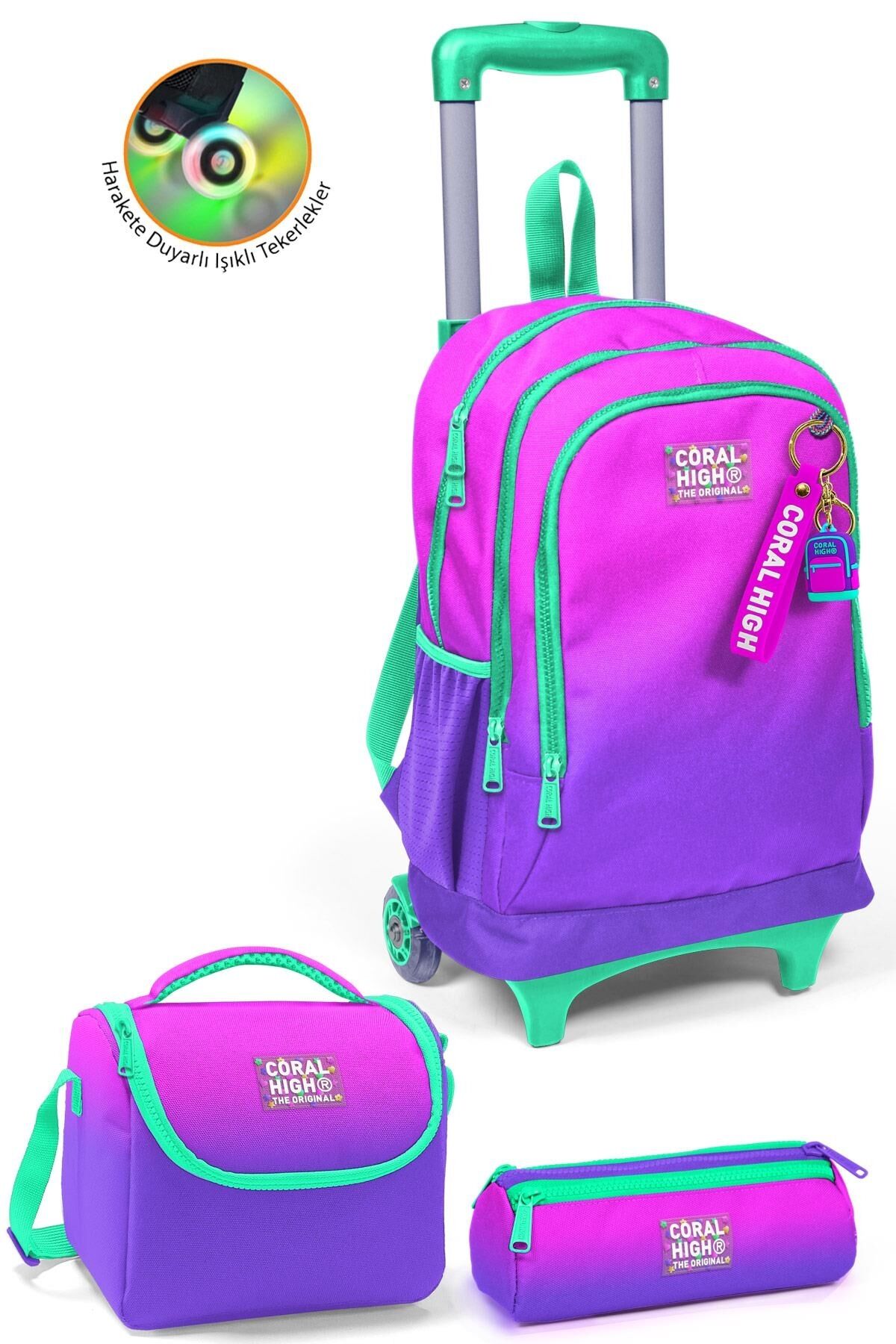 Kids Pembe Mor Renk Geçişli Üç Bölmeli Çekçekli 3'lü Çanta Seti