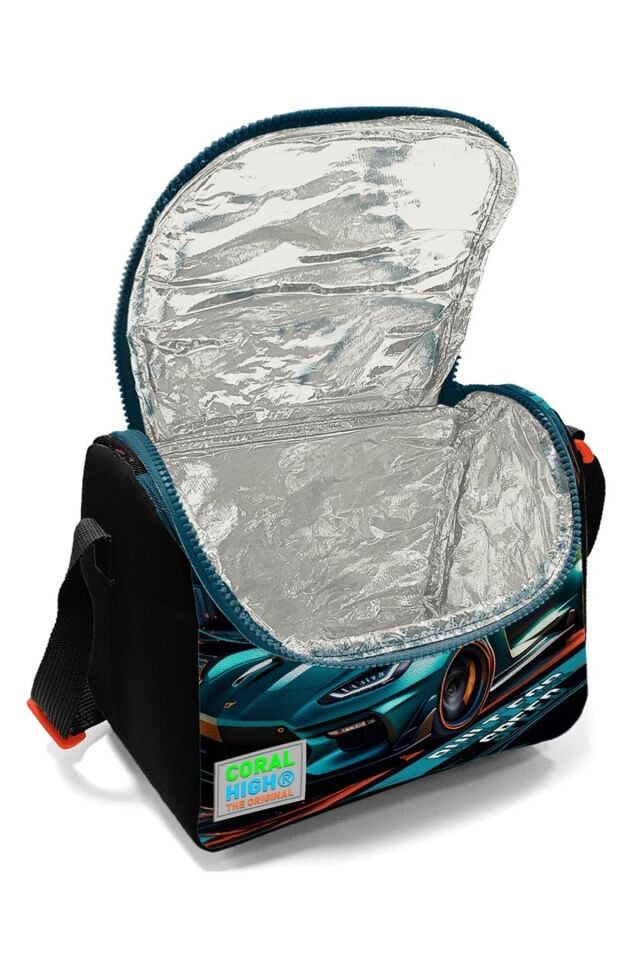 Kids Siyah Nefti Yarış Arabası Desenli Üç Bölmeli Çekçekli 3'lü Çanta Seti