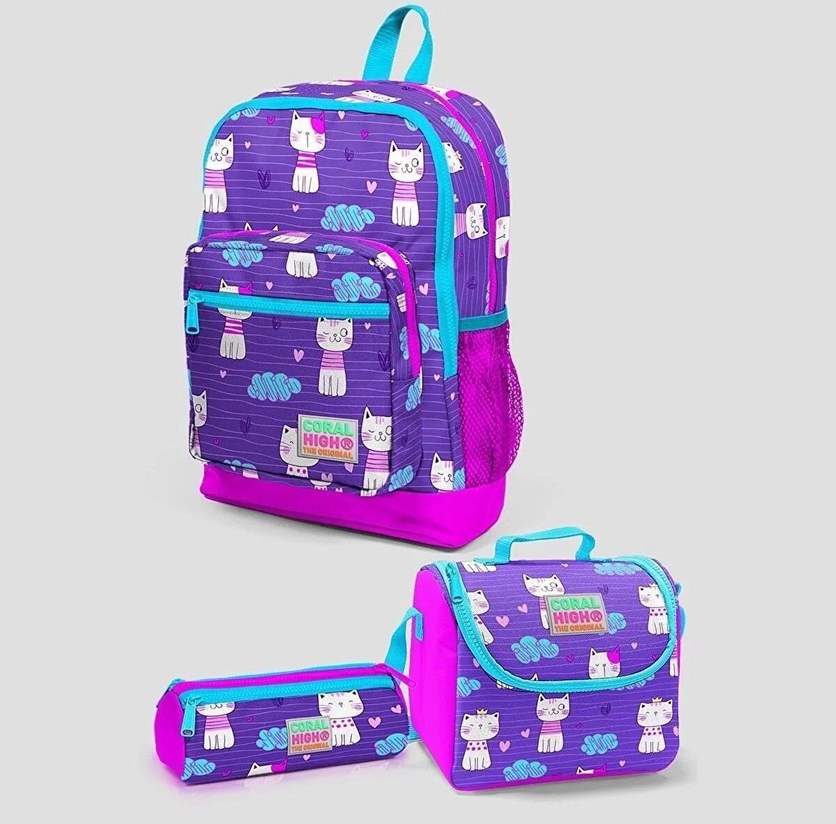 Coral High Kids Mor Pembe Kedi Desenli Dört Bölmeli Okul Sırt Çanta Seti 3''lü 23464