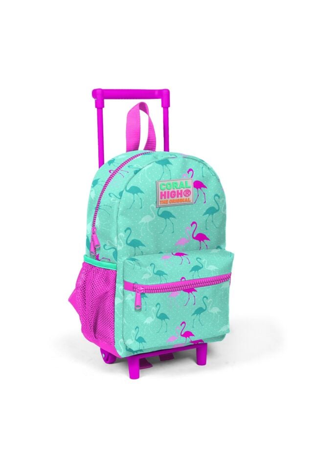 Kıds Su Yeşili Flamingo Desenli Iki Bölmeli Çekcek Anaokul Çantası