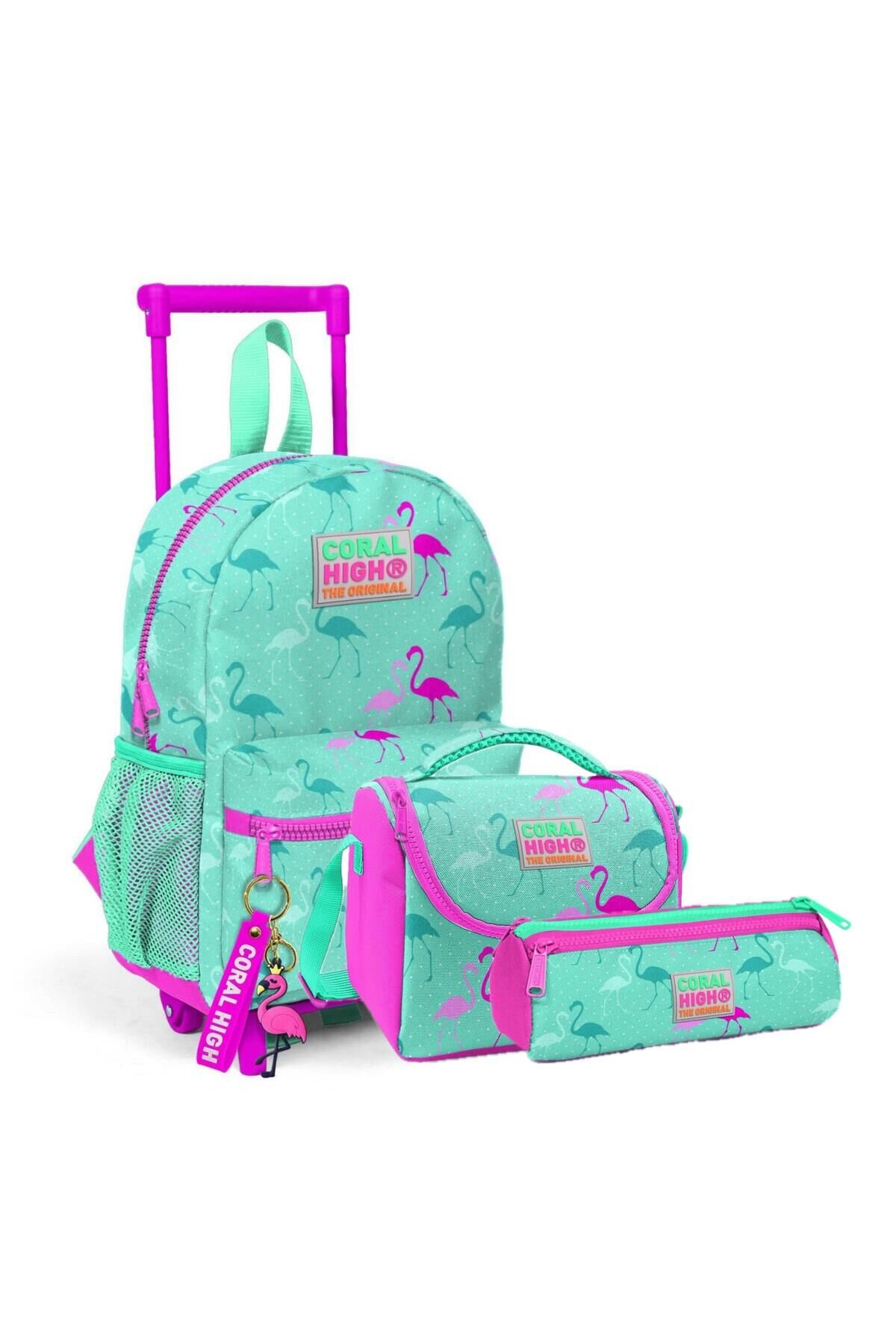 Kıds Su Yeşili Flamingo Desenli Iki Bölmeli Çekçekli Anaokul Çanta Seti