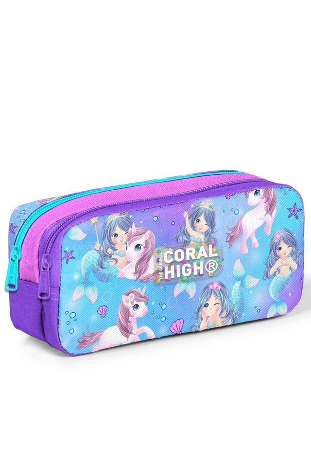 Kids Mor Pembe Unicorn Deniz Kızı Desenli Üç Bölmeli Okul Sırt Çanta  Ve Kalemlik Seti