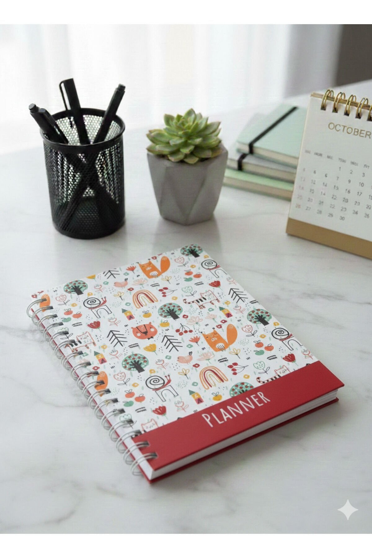 Spiral Haftalık Aylık Planlayıcı Defter | Stickerlı Organizer | Ajanda & Günlük Plan Defteri Kırmızı