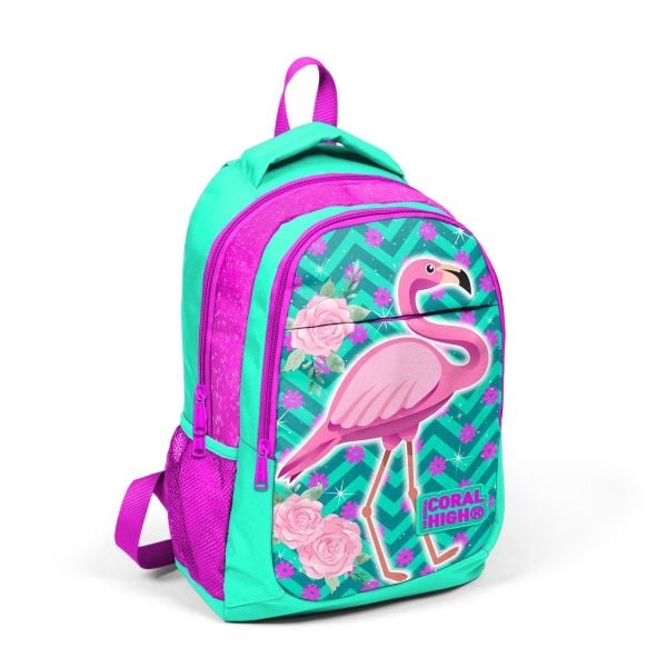 Coral High Kids Su Yeşili Pembe Simli Flamingo Desenli Üç Bölmeli Okul Sırt Çantası 14382