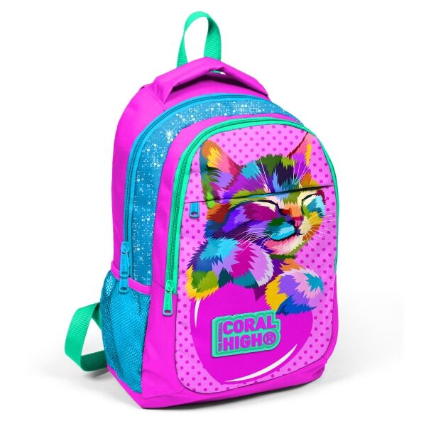Coral High Kids Pembe Mavi Simli Kedi Desenli Üç Bölmeli Okul Sırt Çantası 14387