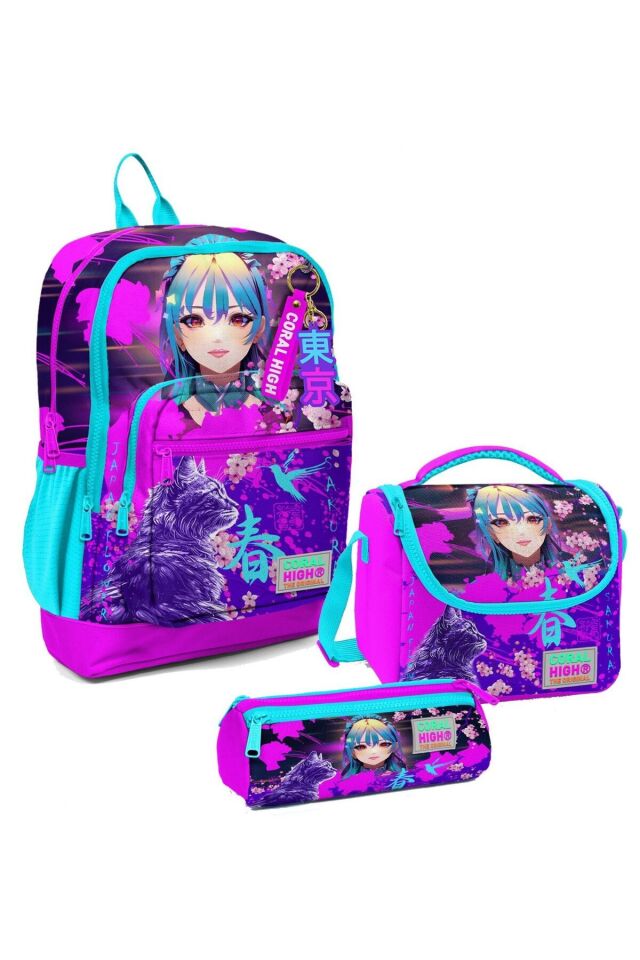 Kız Çocuk Üçlü İlkokul Okul Çanta Seti - Mor Pembe Anime Kedi Mor Pembe Anime Kedi